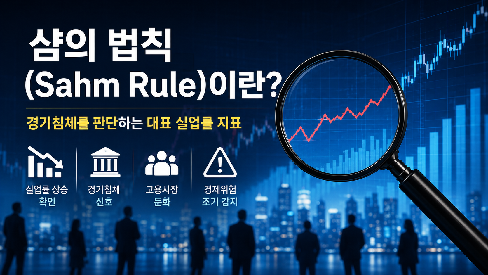 Magnifying glass analyzing financial charts representing the Sahm Rule, a key economic indicator that detects recession signals through rising unemployment rates.