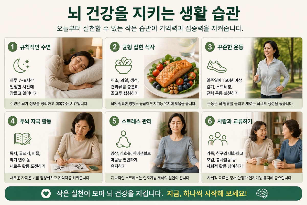 규칙적인 수면과 균형 잡힌 식사, 운동, 두뇌 활동, 스트레스 관리, 사회적 교류 등 뇌 건강을 위한 생활 습관