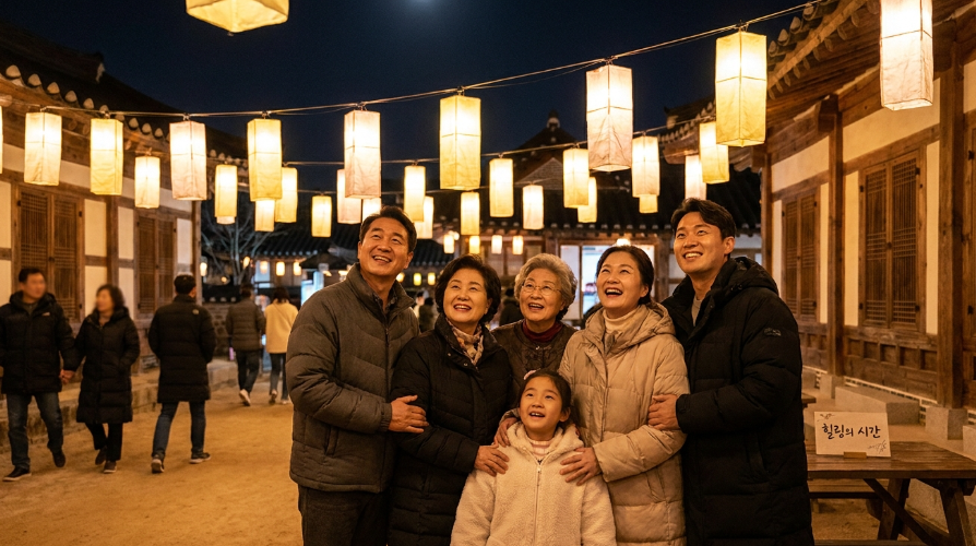 청사초롱 불빛 아래에서 밝게 웃으며 힐링하는 사람들