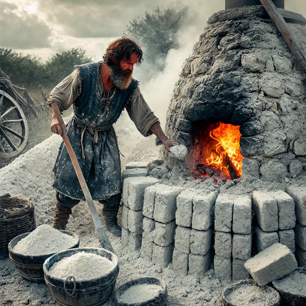 중세 유럽봉건사회 석회 제조업자(Lime Burner)가 작업장에서 석회를 제조하는 모습