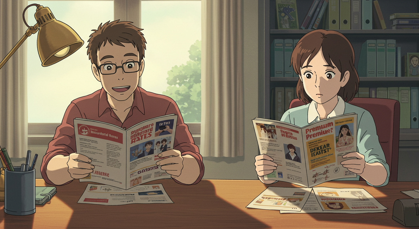 표준체와 할증 가입 차이를 비교하는 사람들