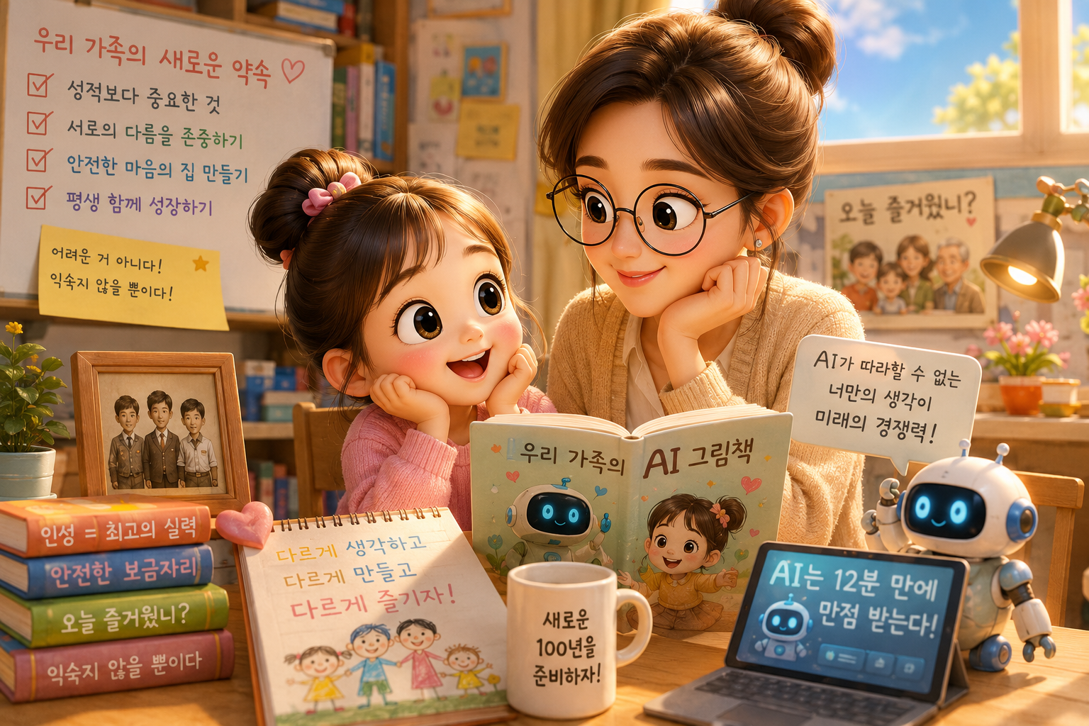 AI가 대체할 수 없는 아이만의 독창성과 따뜻한 인성을 키우며 함께 성장하는 가족의 모습을 AI로 만든 이미지