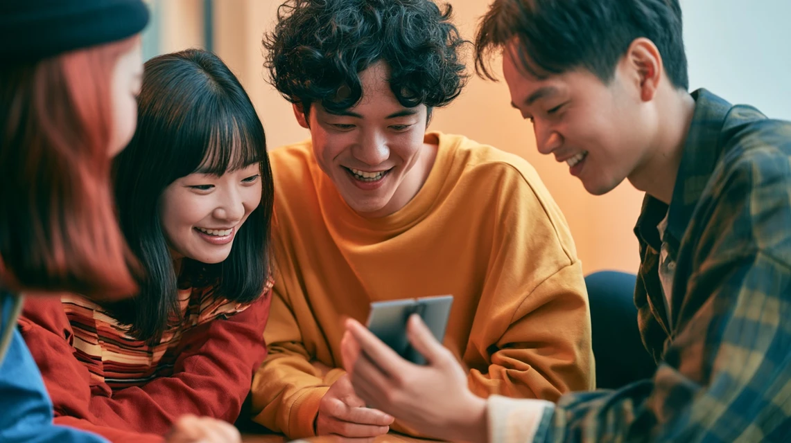 카페에서 스마트폰을 두고 이야기 나누는 사람들