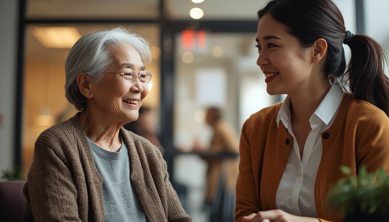 복지 센터에서 사회복지사와 친절하게 상담을 나누는 어르신