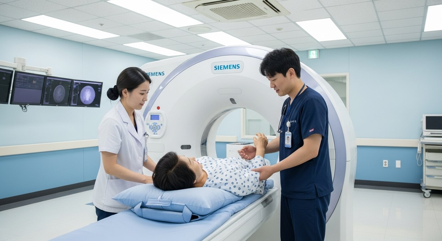 성인 여성이 의료진 안내를 받아 CT 촬영 기계에 들어가기 전 준비하는 모습
