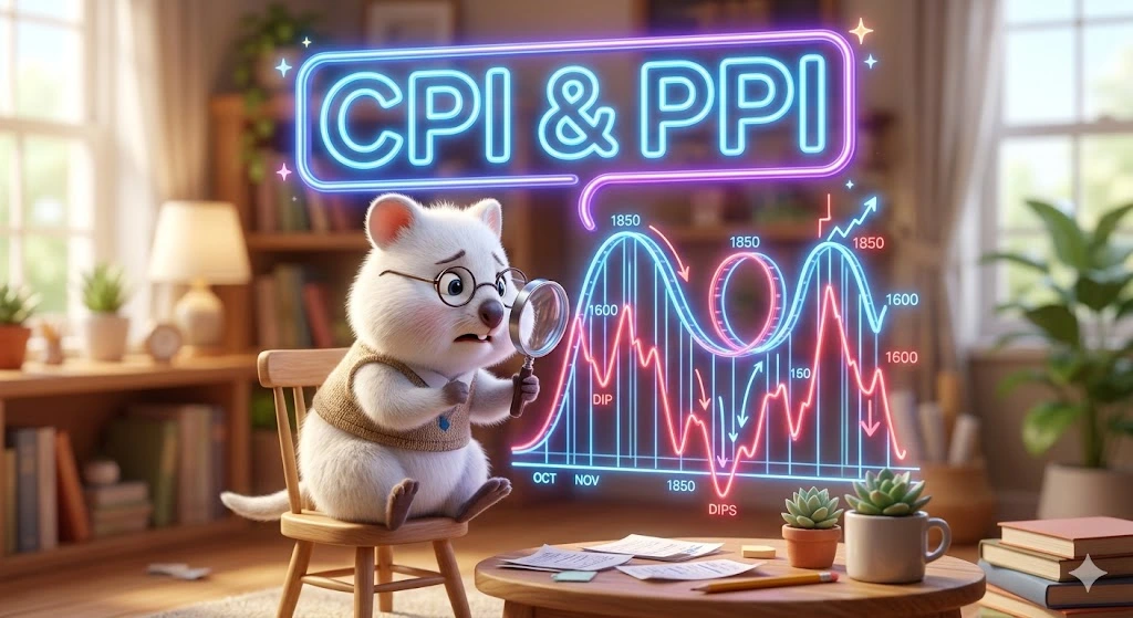 안경을 쓴 하얀 쿼카가 "CPI &amp; PPI"라는 네온 글자가 떠 있는 롤러코스터 모양의 주식 차트를 긴장한 표정으로 바라보는 모습.