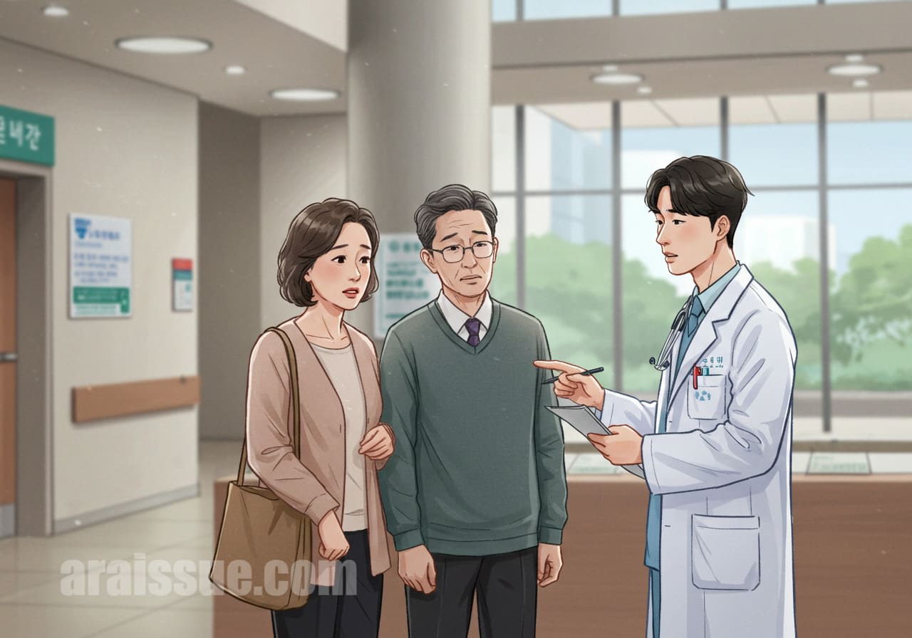 한국인 중년 남녀가 현대적인 병원 로비에서 건강생활실천지원금에 대해 의사와 상담하는 장면입니다. 새로운 정책에 대한 관심과 걱정이 담긴 표정입니다.