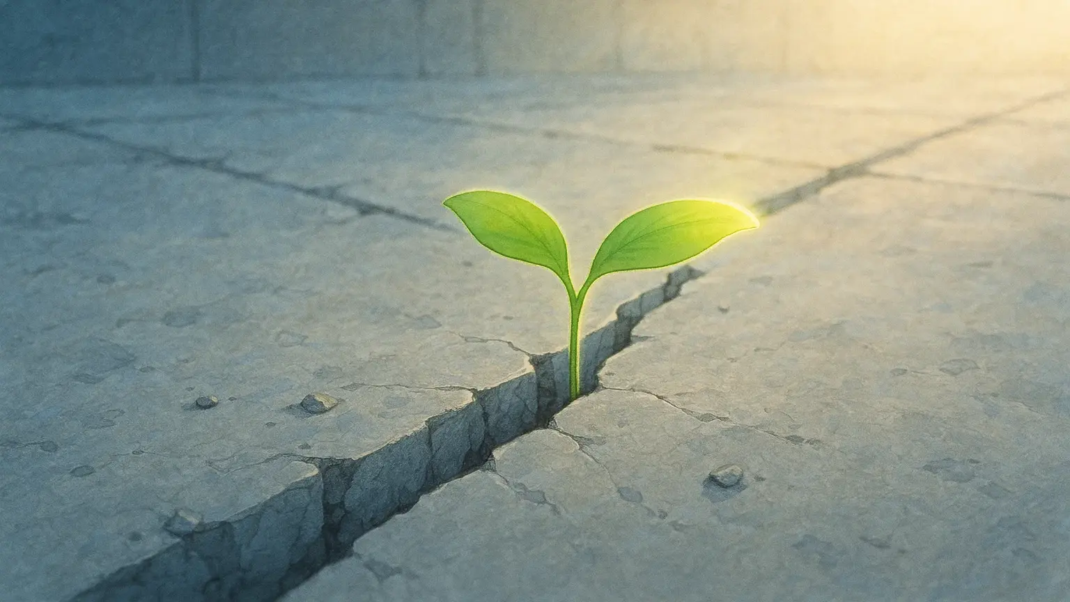 작은 새싹이 단단한 콘크리트를 뚫고 자라나는 이미지. 청소년이라는 연약해 보이는 존재가 법이라는 단단한 시스템을 통해 자신의 권리를 쟁취할 수 있음을 상징