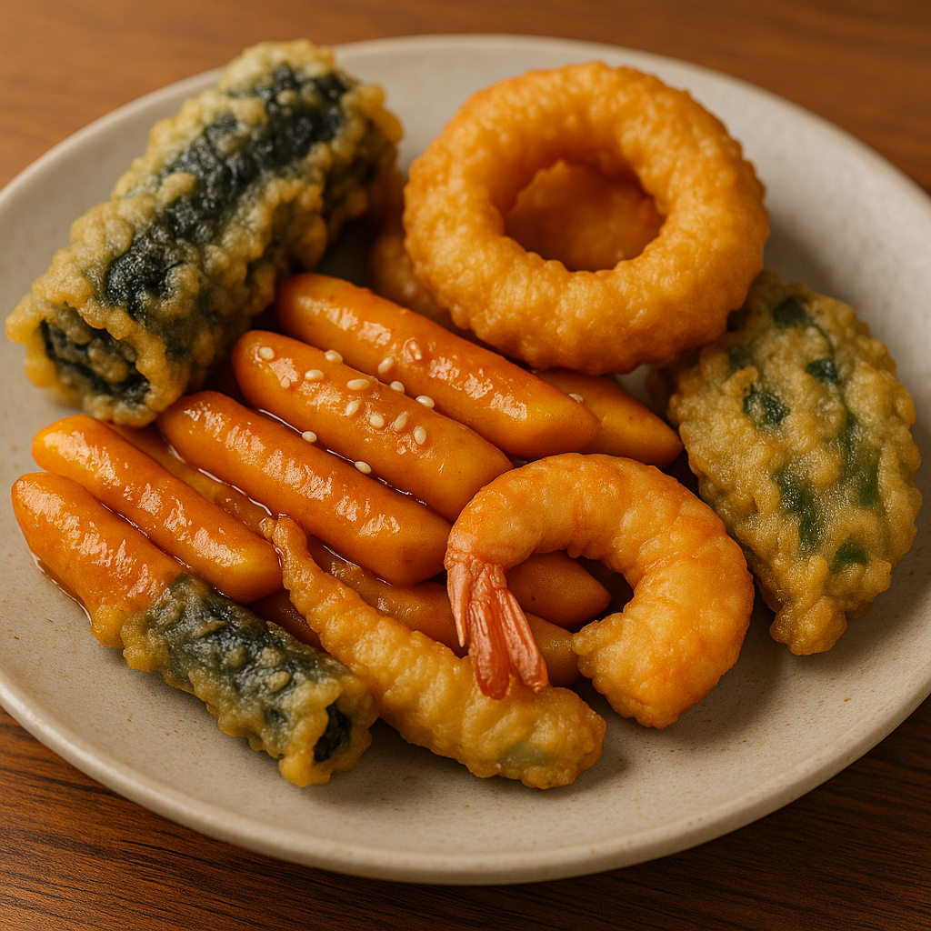 Best toppings for Korean tteokbokki with twigim, shrimp tempura, fried seaweed roll, and vegetable fritters