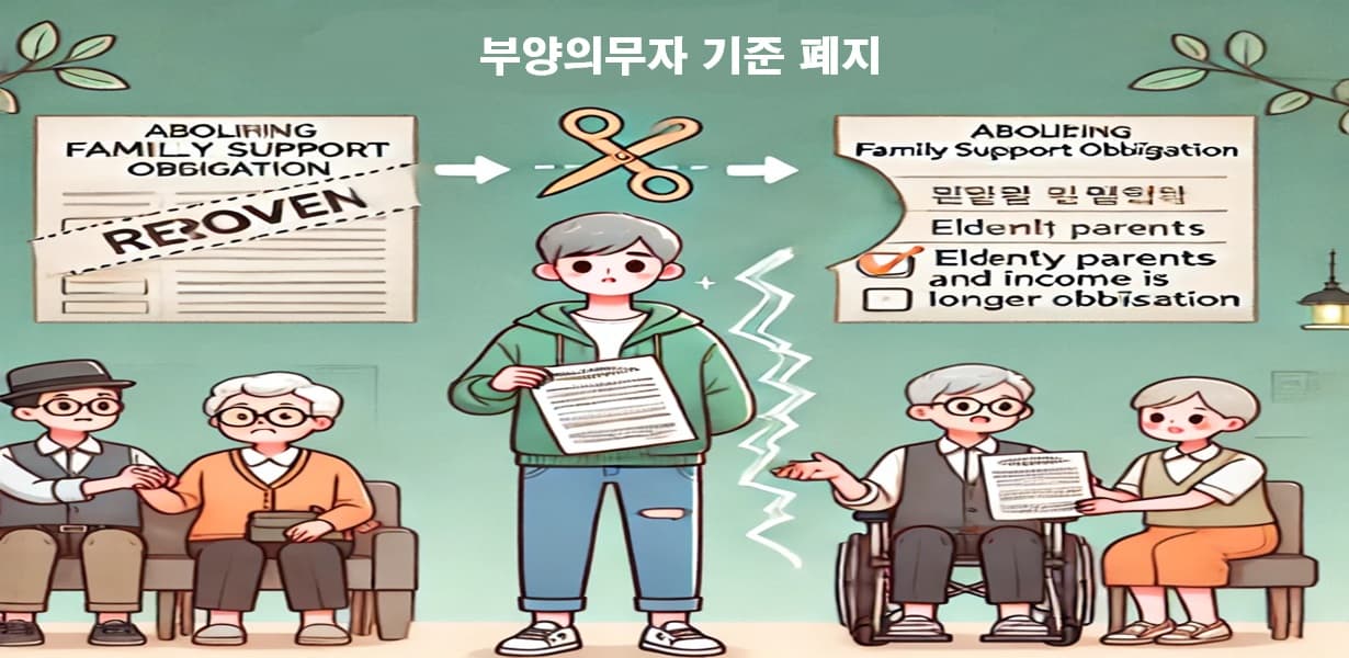 복지 신청에서 부양의무자 소득이 고려되지 않는 상황을 묘사한 삽화 – 청년과 부모가 분리된 모습과 서류를 든 장면 포함
