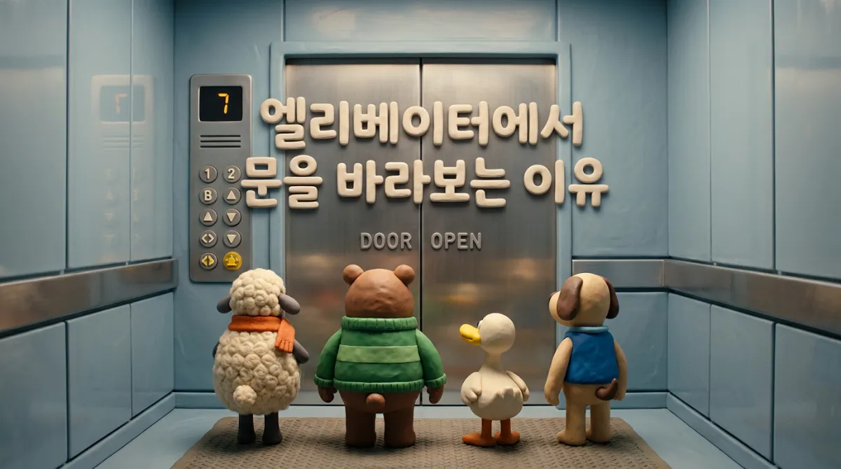 엘리베이터에서 문을 바라보는 이유를 보여주는 클레이 애니메이션 이미지