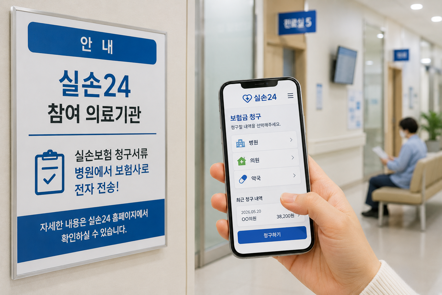 병원 복도와 실손보험 안내 스마트폰