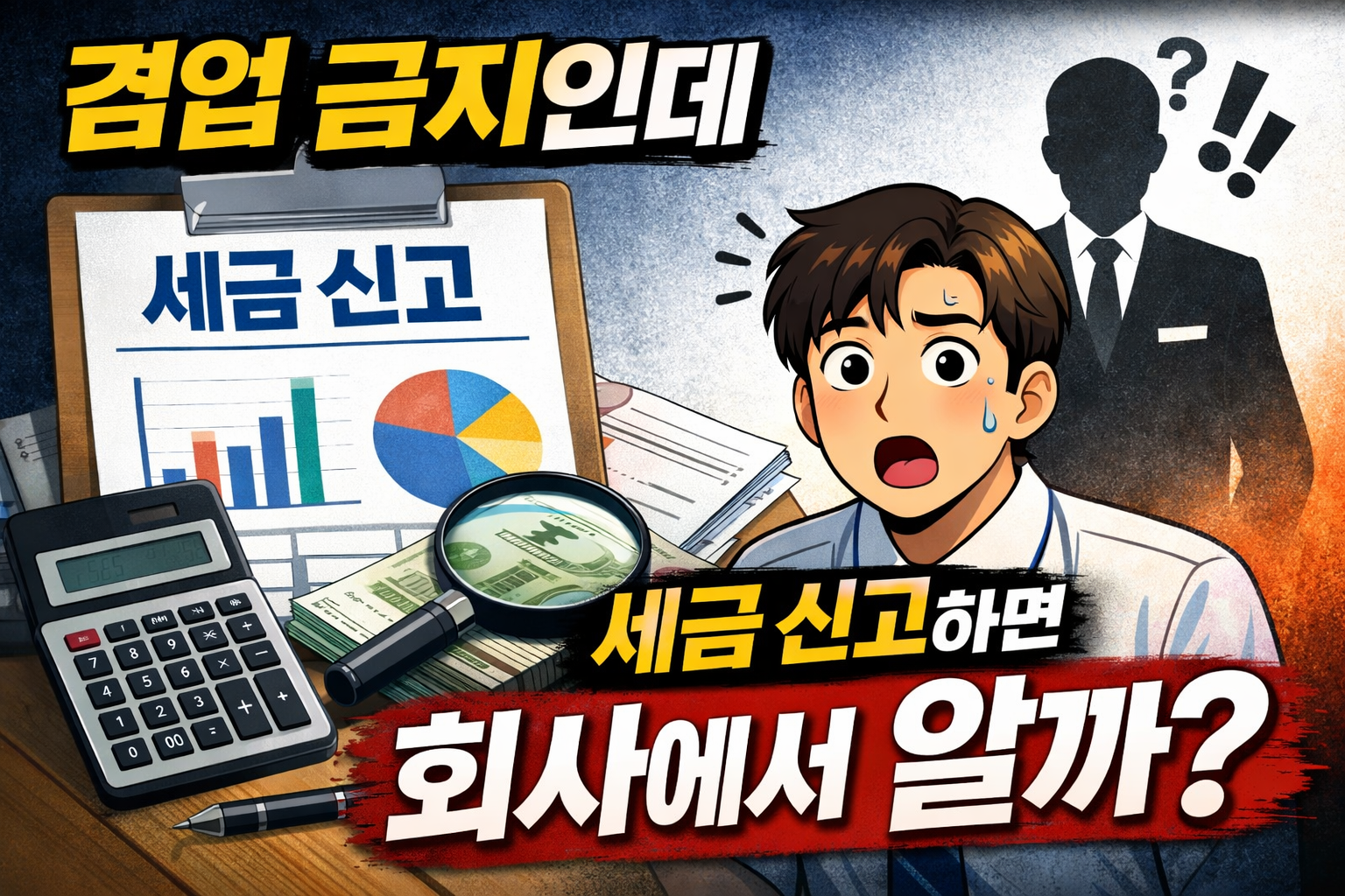 겸업 금지 조항이 있는 회사에서 직장인 부업 세금 신고를 하면 회사에 알게 되는지 고민하는 직장인을 표현한 일러스트 이미지