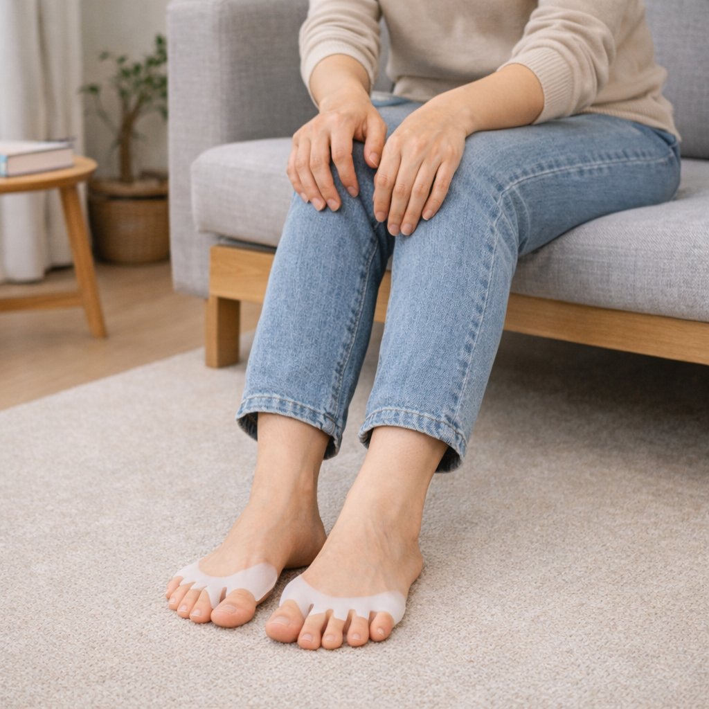 발가락 사이 벌림 보조도구를 착용해 압박을 줄이는 모습