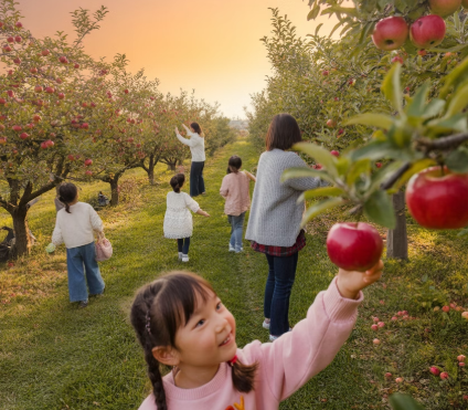 사과따기 체험을 하고 있는 아이들과 부모님들 모습