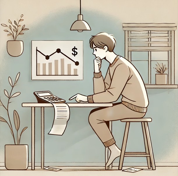 책상에 앉아서 하락한 월세 수익률 원인을 분석하는 남자의 모습 그림