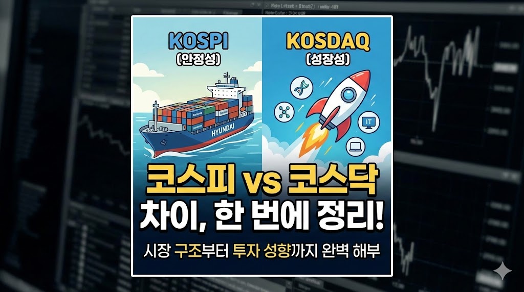 코스피(KOSPI) vs 코스닥(KOSDAQ) 차이점 한 번에 정리하기. 시장 구조 및 투자 성향별 완벽 해부 타이틀.