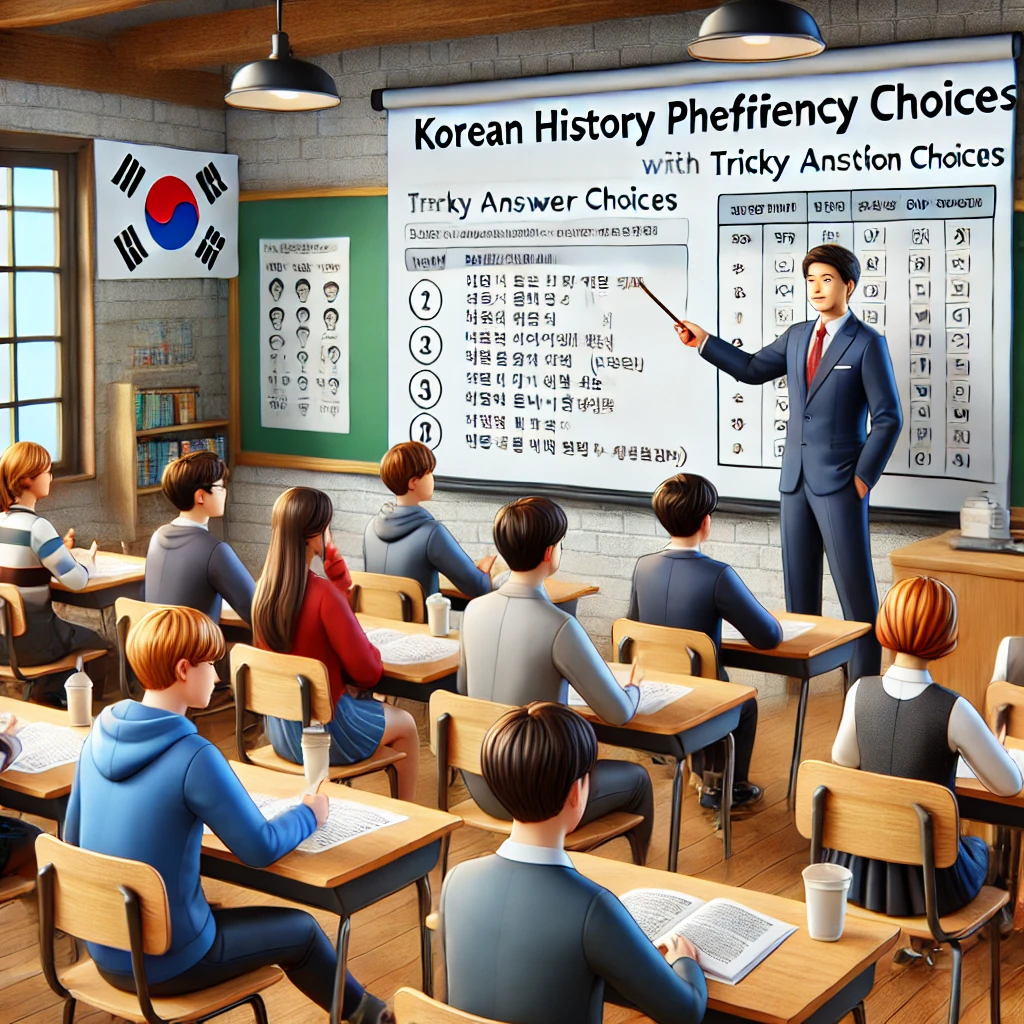 교실에서 교사가 복잡한 선택지가 있는 한국사 능력 검정시험 문제를 해결하는 전략을 설명하고&amp;#44; 학생들이 필기와 토론에 집중하는 모습