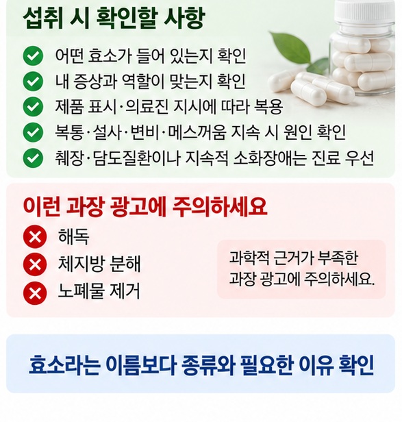 효소 제품 선택 시 효소 종류, 증상과 목적, 복용법, 부작용, 췌장질환 여부를 확인하는 체크리스트 이미지