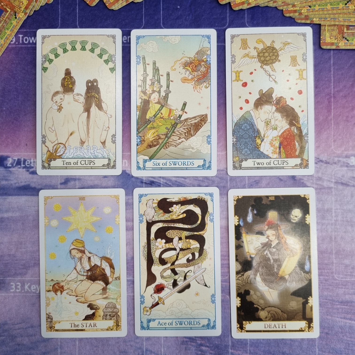 총 여섯 장의 타로카드가 3장씩 두 줄로 나란히 놓여 있다. 상단은 미용실에 간 경우, 하단은 친구에게 맡긴 경우의 카드로 구성되어 있으며, 하단에는 The Star, Ace of Swords, Death 카드가 포함되어 있다.