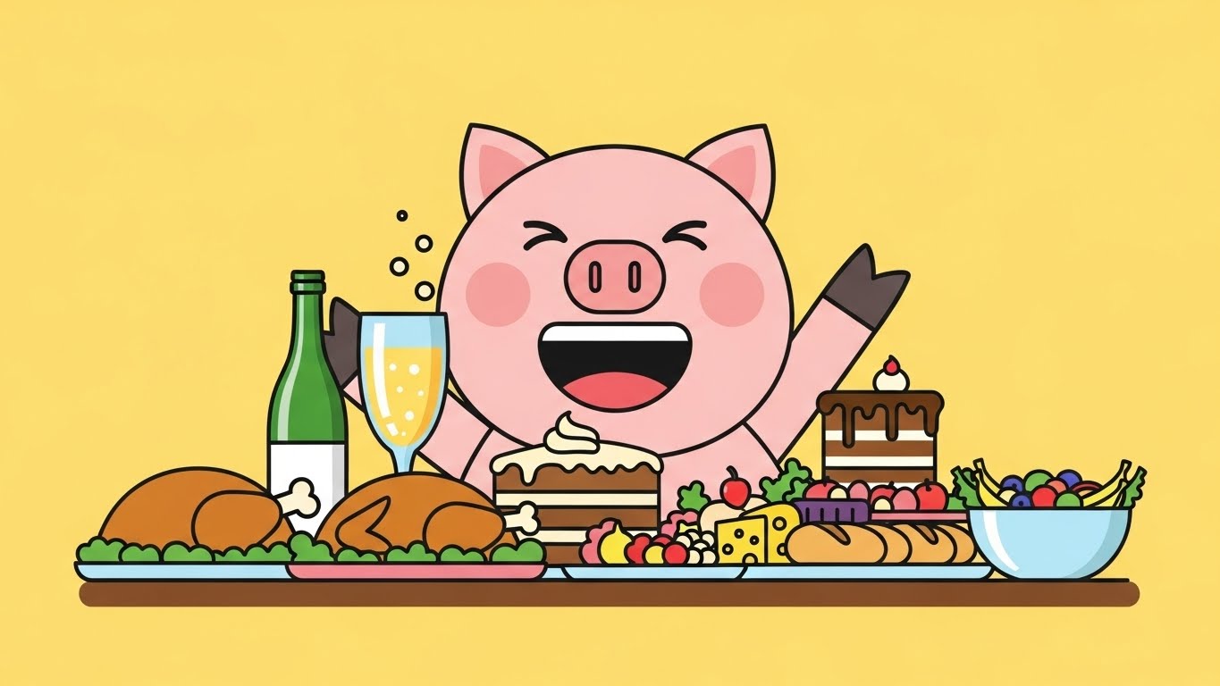 음식이 가득한 식탁에서 풍요로움을 즐기는 행복한 돼지 캐릭터의 2D 플랫 벡터 일러스트