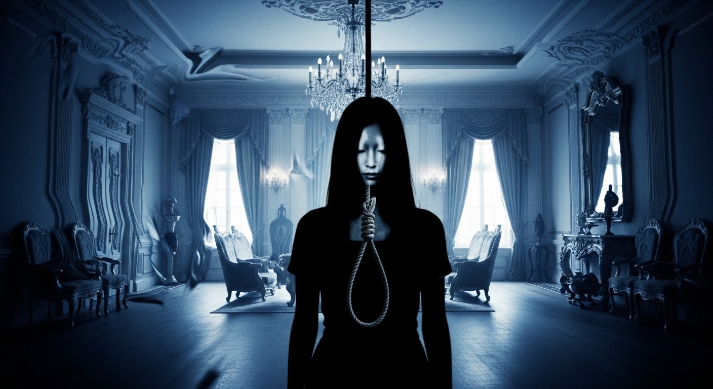 블루 그레이 톤의 으리으리한 저택 실내, 그림자 진 하녀의 형상이 비극적인 결말을 암시하며 계급 간의 긴장감을 나타내는 이미지.