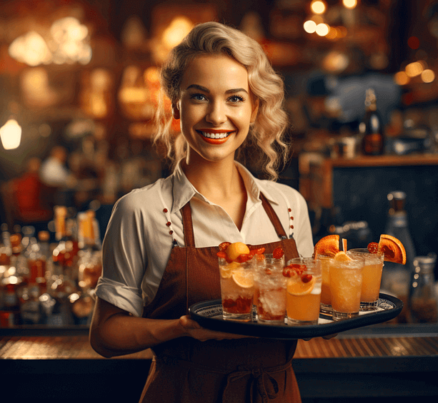 금발머리를 올려묶은 백인 여성이 쟁반에 오렌지주스가 담긴 유리컵들을 담아서 들고 서 있다. 카페 직원이다.