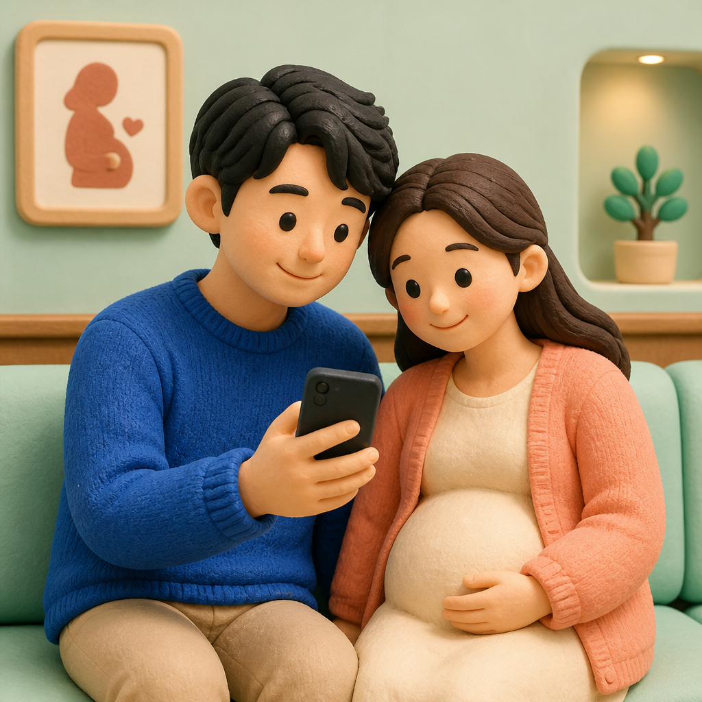 산부인과 대기실에서 휴대폰 달력을 함께 보는 30대 부부