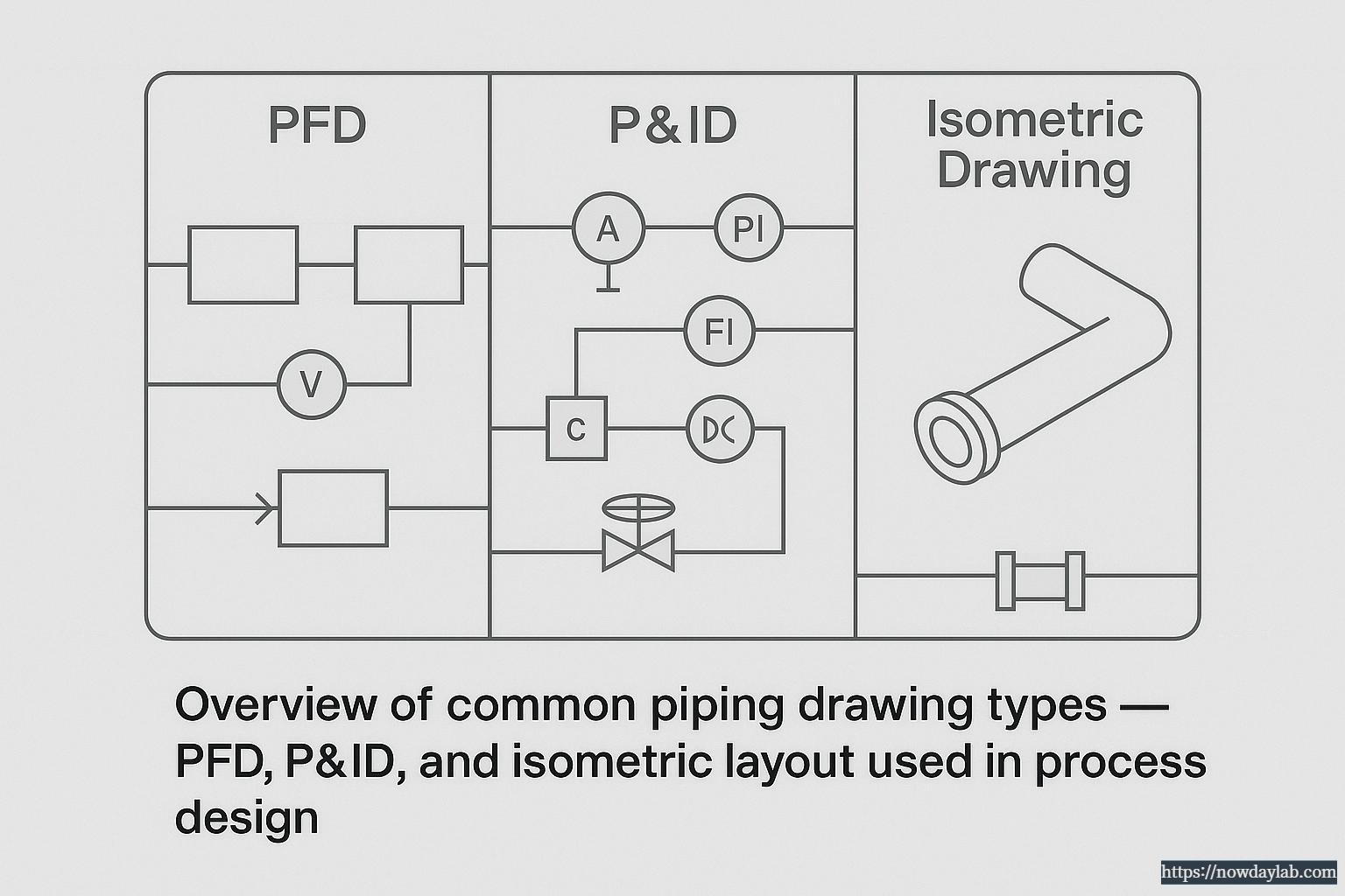 Diagram showing differences between PFD, P&ID, and Isometric drawings in industrial piping.
