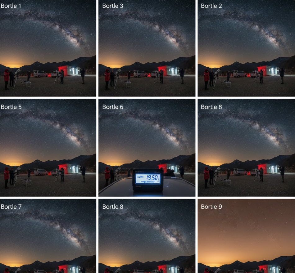 보틀 스케일 광공해 등급별 밤하늘 비교 사진,