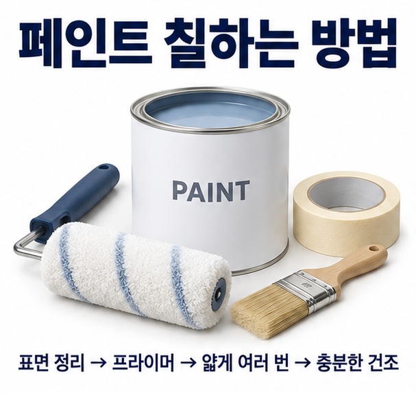 롤러 붓 페인트통 마스킹테이프가 놓인 작업 공간을 배경으로 페인트 칠하는 방법이라는 글자가 중앙에 놓인 셀프 인테리어 인포그래픽