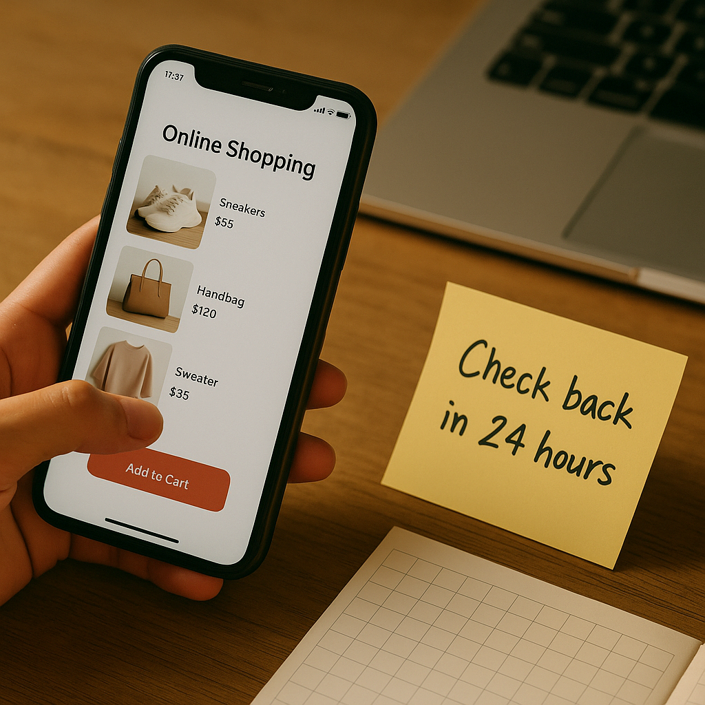 온라인 쇼핑 전 충동구매를 막기 위해 24시간 룰을 적용하는 모습