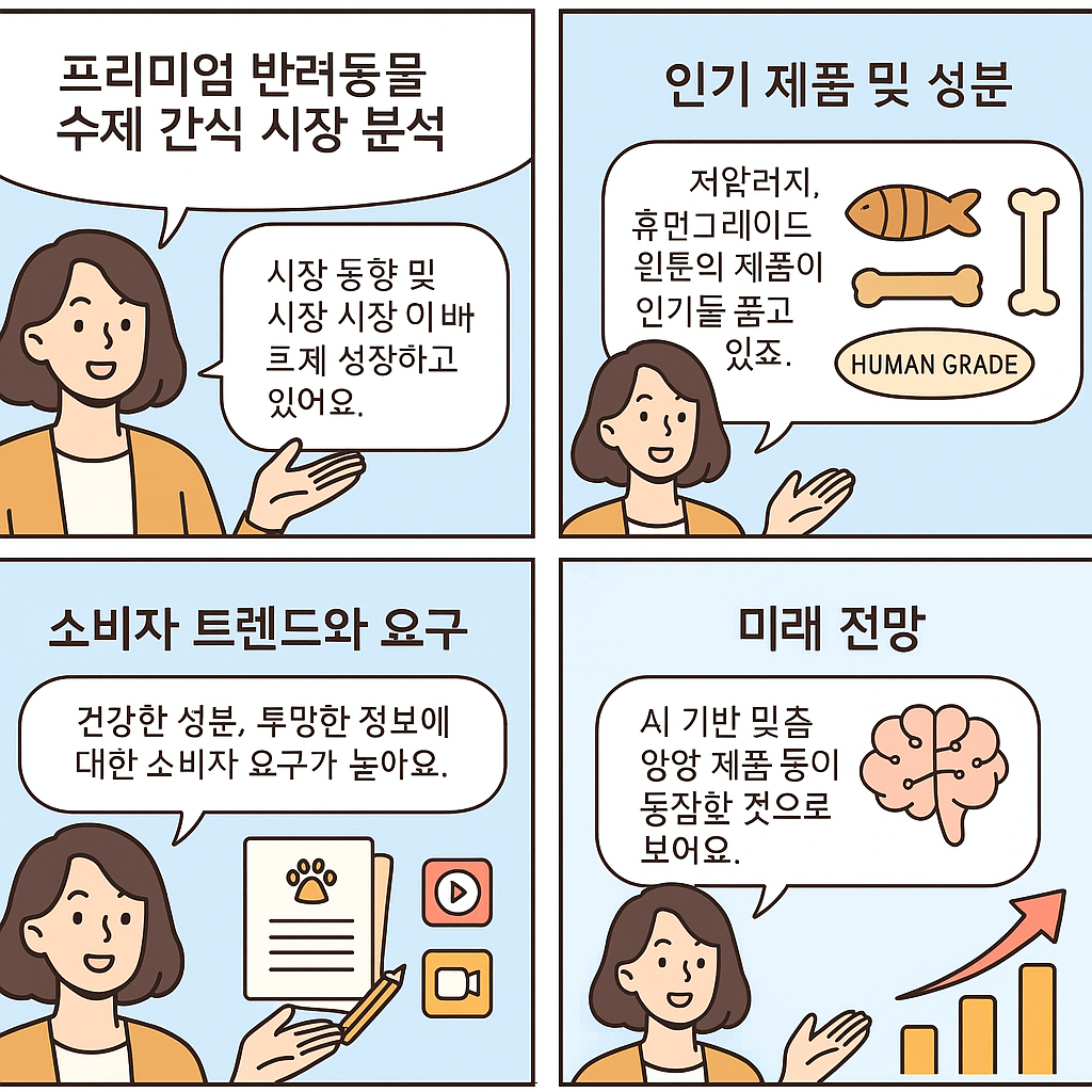 첫 번째 칸: 여성 캐릭터가 시장 동향과 성장 배경을 설명하며, 옆에는 성장 그래프가 있음.

두 번째 칸: 여성 캐릭터가 인기 제품과 성분을 설명하며, 옆에는 생선, 뼈다귀, ‘휴먼 그레이드’ 표시 아이콘이 있음.

세 번째 칸: 여성 캐릭터가 소비자 트렌드와 요구를 설명하며, 옆에는 발바닥 모양 노트, SNS 아이콘이 있음.

네 번째 칸: 여성 캐릭터가 미래 전망을 설명하며, 옆에는 뇌 아이콘, 상승 그래프가 있음.