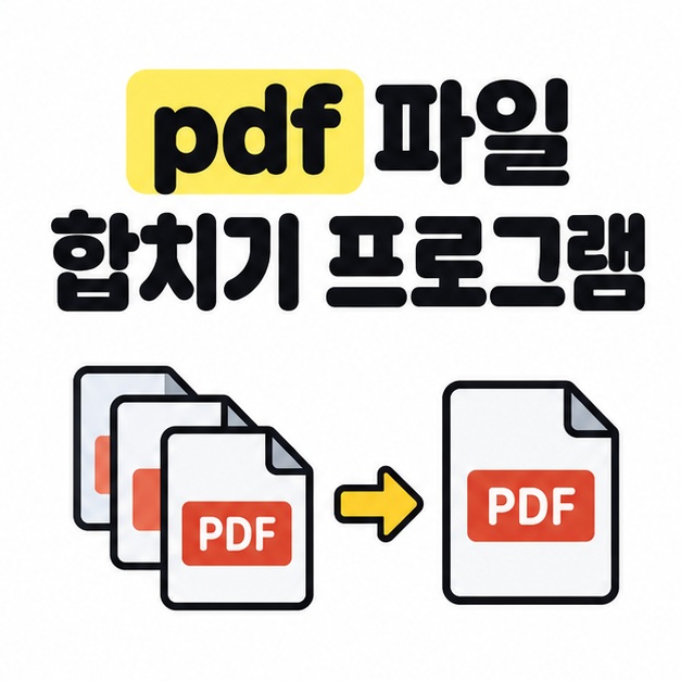 pdf 파일 합치기 프로그램 제목 아래에 겹쳐진 여러 PDF 문서가 화살표를 따라 하나의 PDF로 합쳐지는 모습을 그린 대표 이미지