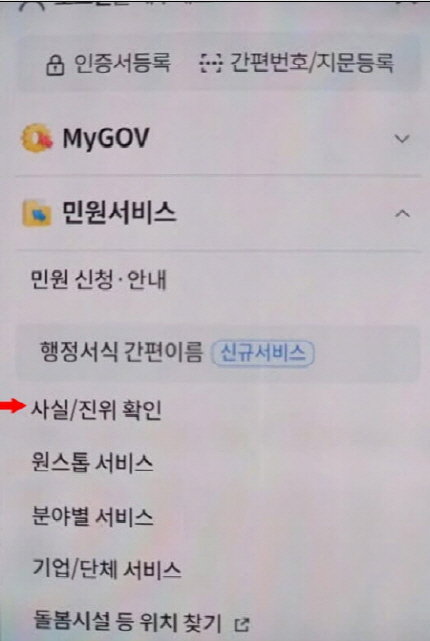 정부 24 사실/진위 확인 화면