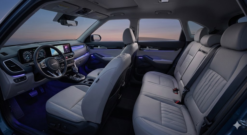 신형 셀토스의 광활해진 2열 무릎 공간과 파노라믹 디스플레이가 돋보이는 실내 인테리어 사진