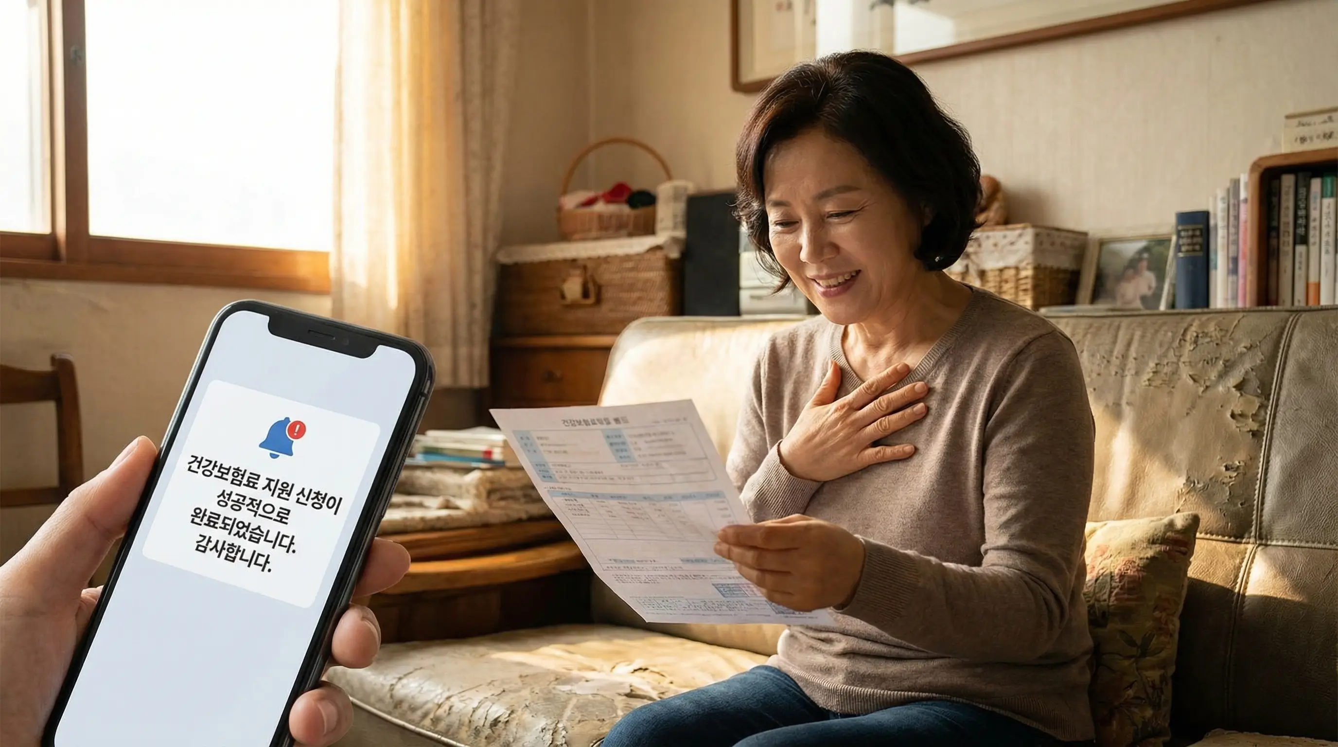 건강보험료 고지서를 받고 안도하는 표정의 중년 여성과 스마트폰 화면의 지원 완료 메시지