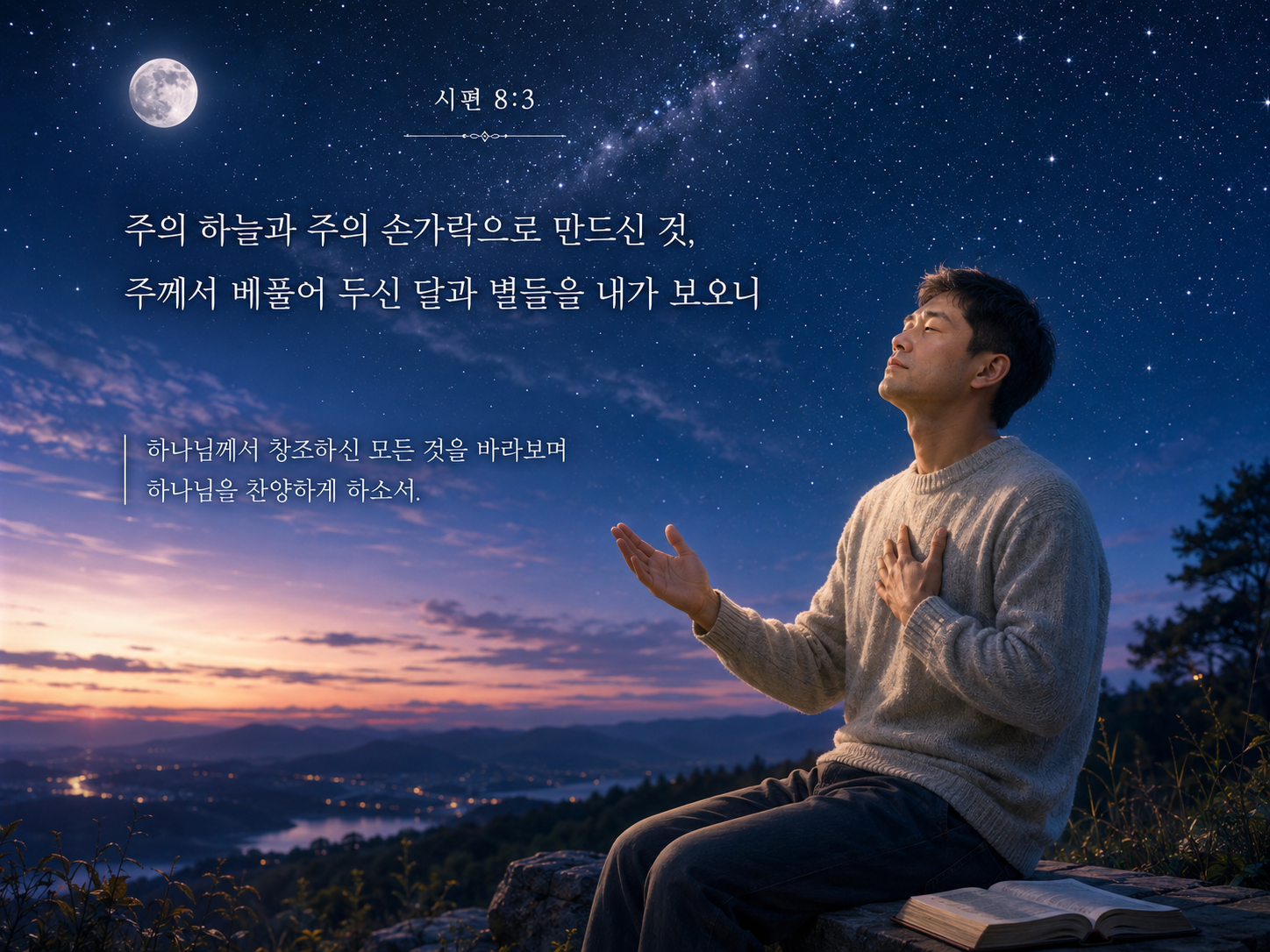 시8:3 말씀에서 하늘을 바라보며 하늘에 있는 달과 별이 하나님께서 손가락으로 지으신 것임을 생각하고 묵상하는 시간을 가져야 하겠습니다. 하나님께서 창조하신 것을 바라보며 하나님의 나라를 바라는 삶을 살아가야 하겠습니다. 오늘도 하나님께서 창조하신 모든 것을 바라보며 하나님을 찬양하는 시간을 갖는 모습입니다.