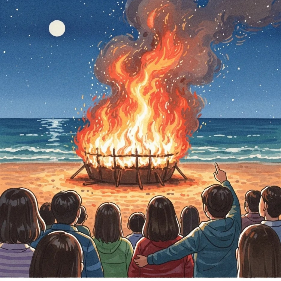 활활 타오르는 달집과 그 주변에서 소원을 비는 사람들