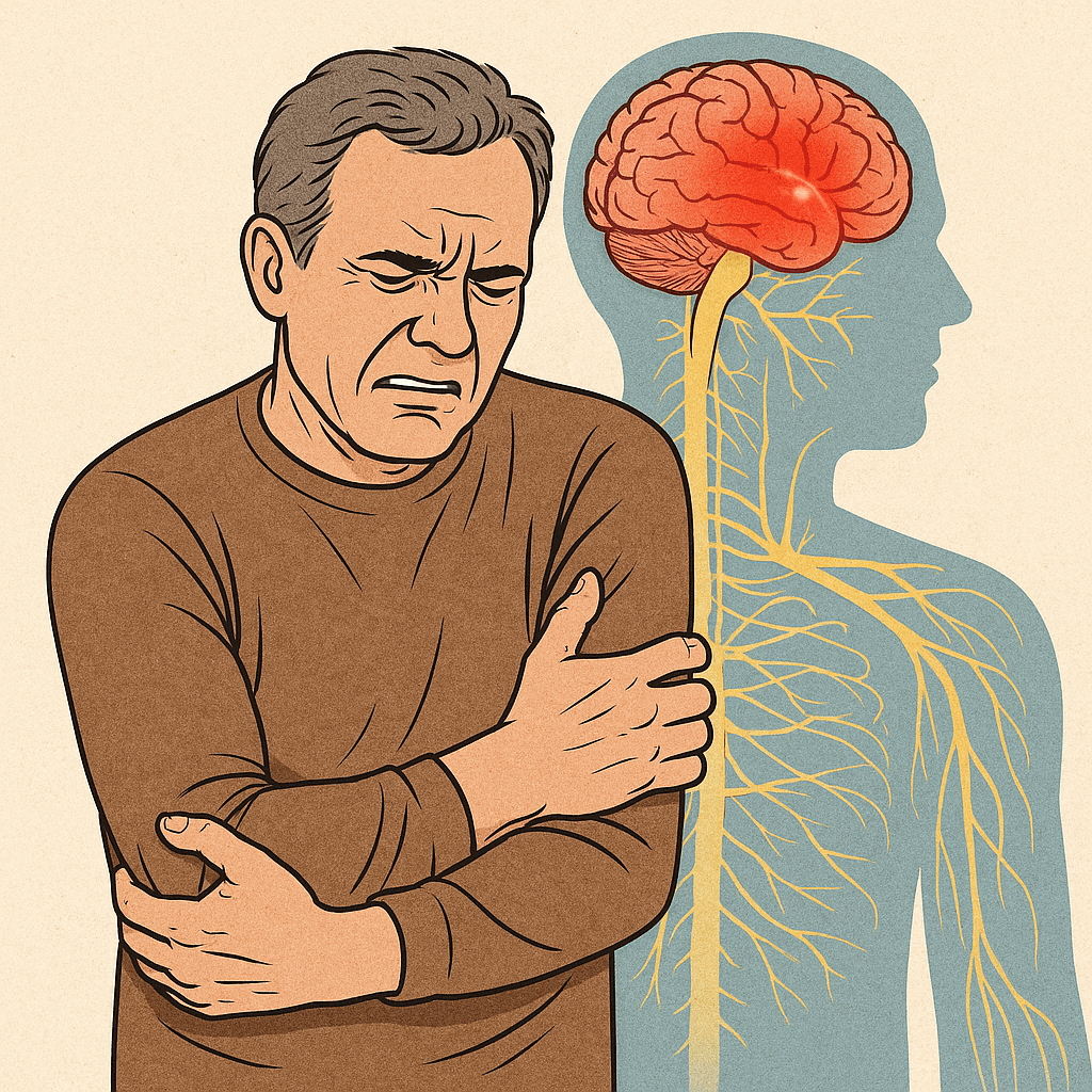 중년 남성이 왼쪽 팔에 통증을 느끼며 불편한 표정을 짓고 있는 모습(출처**자체제작)