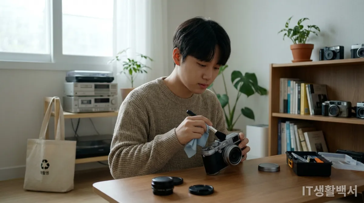 레트로 디지털카메라를 정성껏 관리하고 전자 폐기물 분리수거를 하는 모습