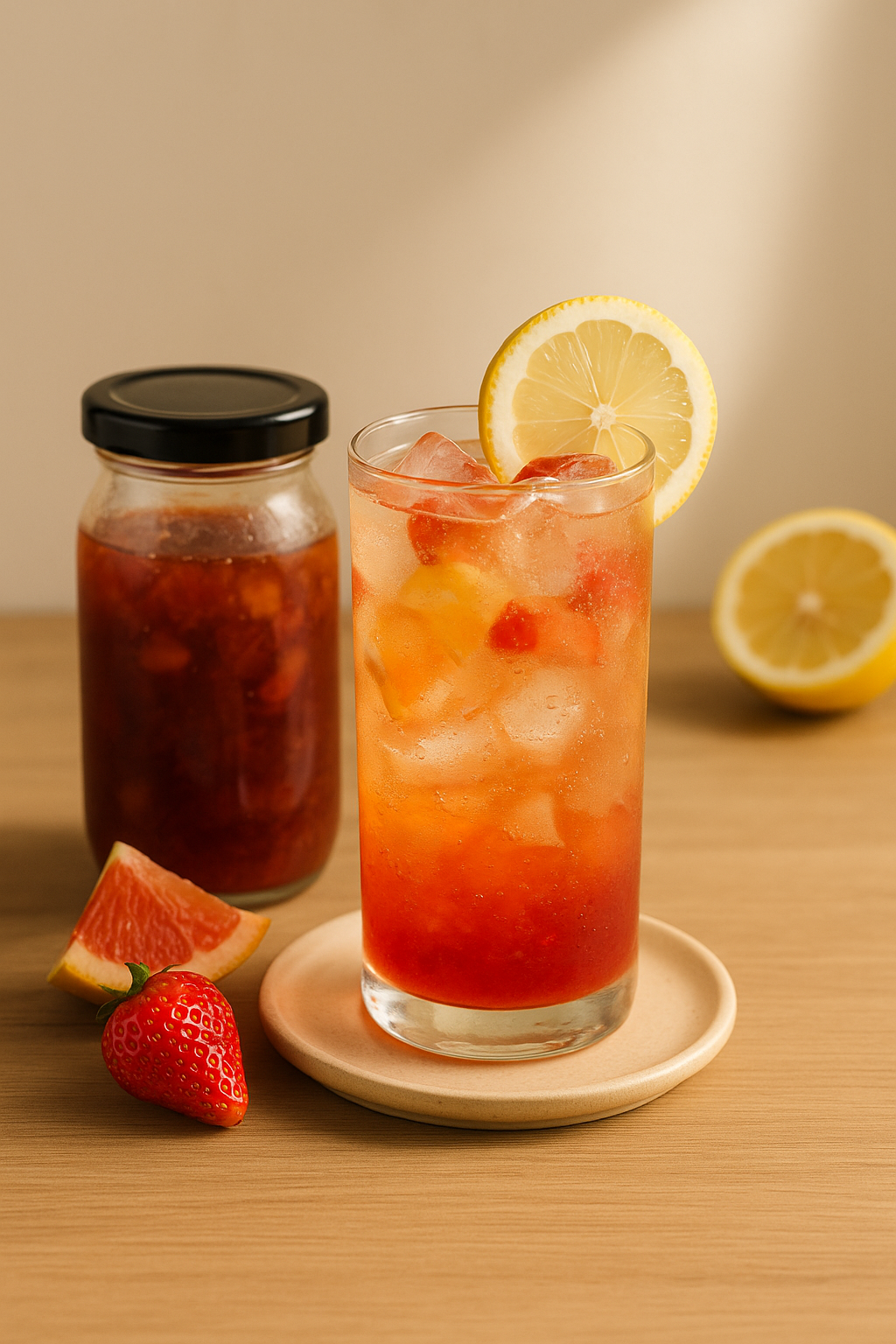 신선한 과일청과 탄산수가 들어간 상큼한 에이드 한 잔과 과일 조각