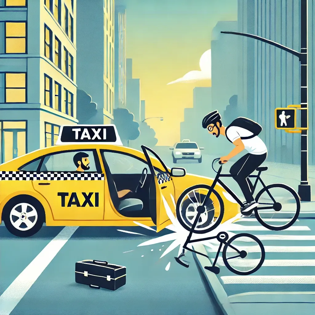 택시 문이 열리며 자전거와 충돌하는 사고 순간의 모습