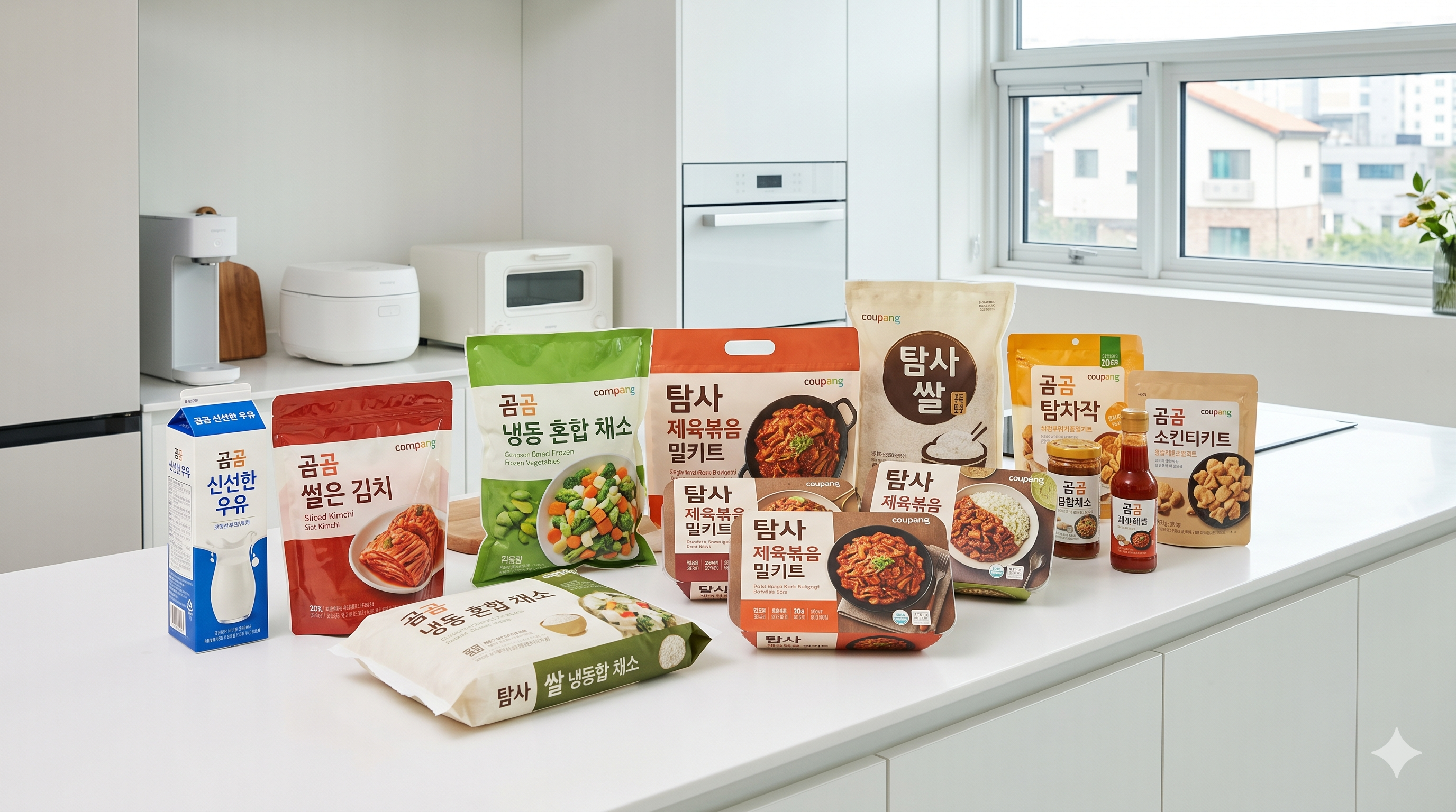 쿠팡 PB 브랜드인 곰곰(Gomgom)과 탐사(TAMS)의 다양한 신선식품 및 가공식품들이 현대적인 주방에 보기 좋게 진열된 모습.