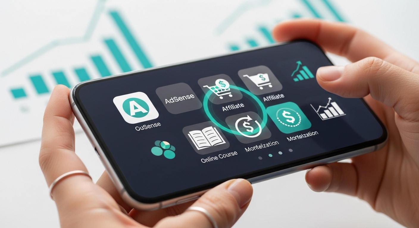 스마트폰 화면에 구글 애드센스, 제휴 마케팅, 온라인 강의 등 다양한 수익화 전략 아이콘이 표시되어 있어, 콘텐츠를 통한 수익 창출 가능성을 보여줍니다.