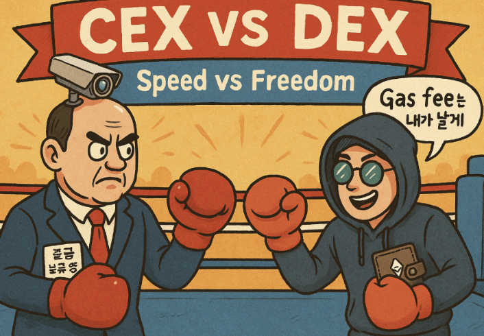 ‘CEX vs DEX’라는 문구와 “Speed vs Freedom”, “Gas fee는 내가 낼게”라는 말풍선이 포함된 일러스트. 이 이미지는 중앙화 거래소와 탈중앙화 거래소의 주요 차이를 시각적으로 보여주며, 블로그 글의 핵심 주제인 CEX vs DEX 비교를 효과적으로 전달함 (crypto exchange comparison, centralized vs decentralized, speed vs freedom)