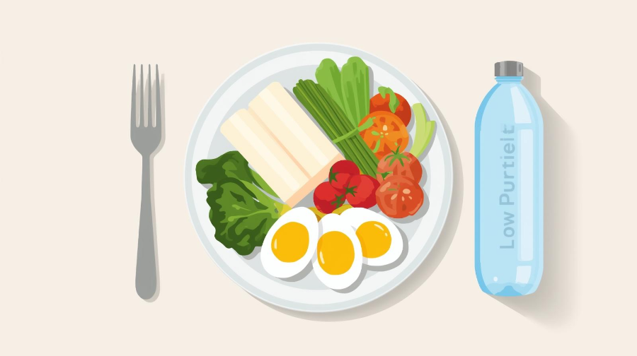 두부, 달걀, 채소, 물병으로 구성된 저퓨린 식단 일러스트