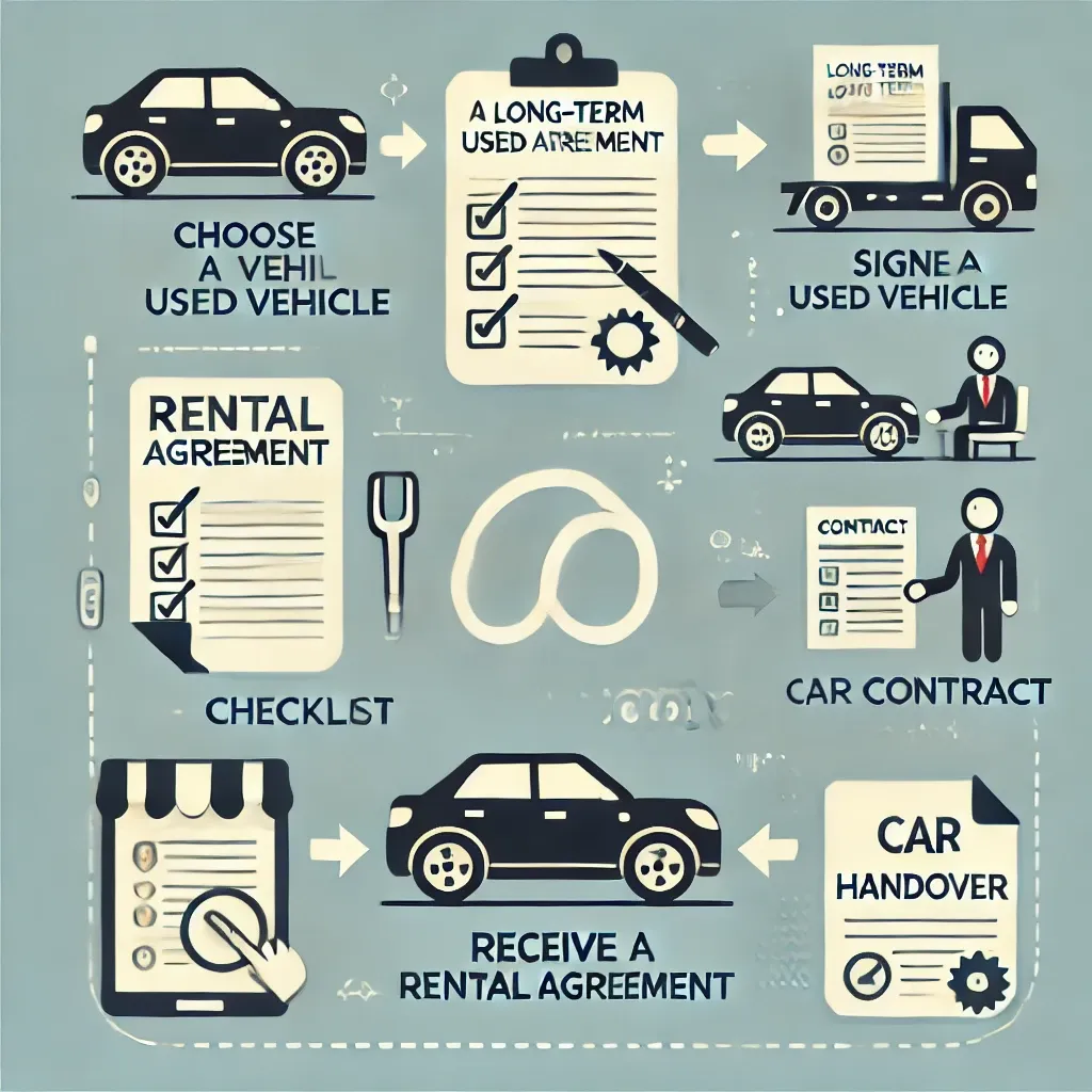 중고차 장기 렌트 절차를 나타내는 차량 선택, 계약, 인수 과정