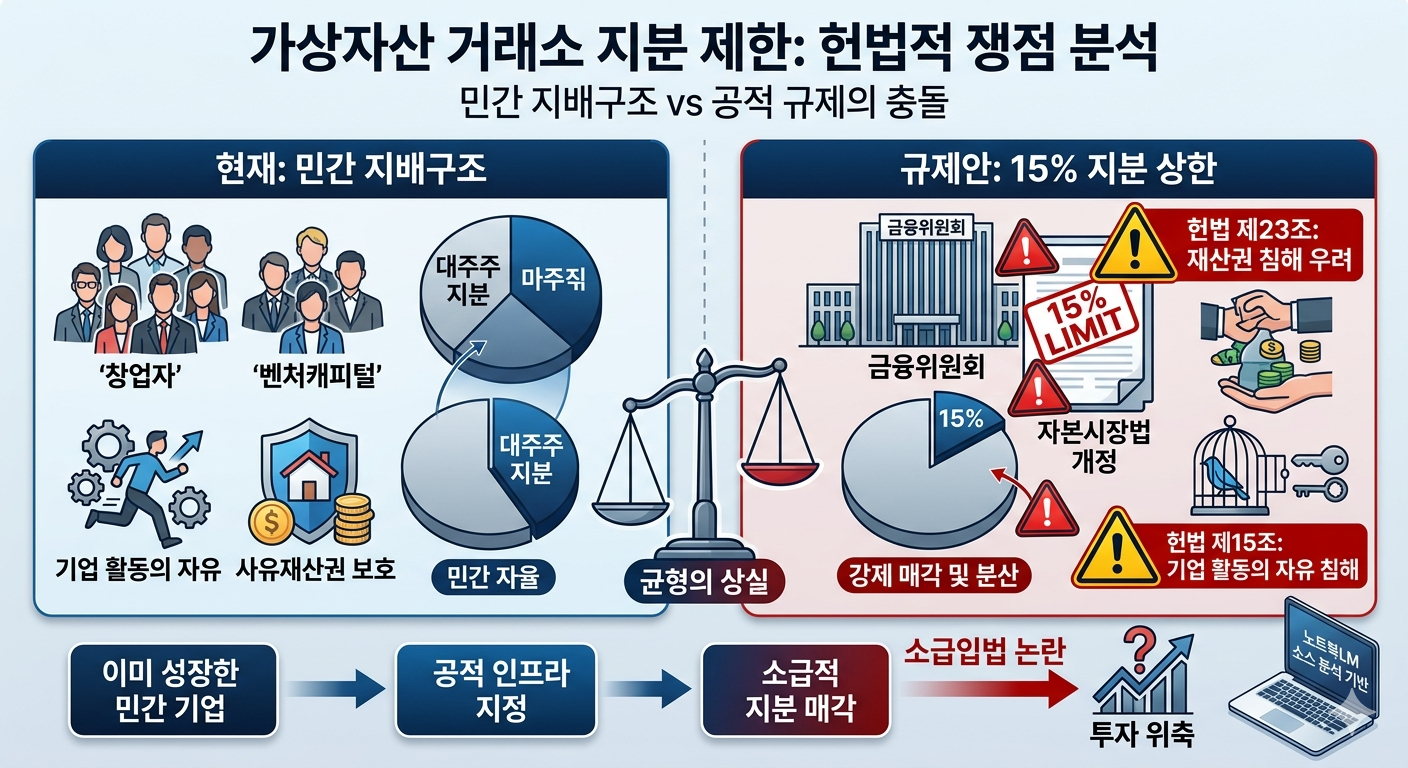 가상자산 거래소 대주주 지분 15% 제한 규제의 위헌성 분석과 민간 지배구조 변화 비교 인포그래픽