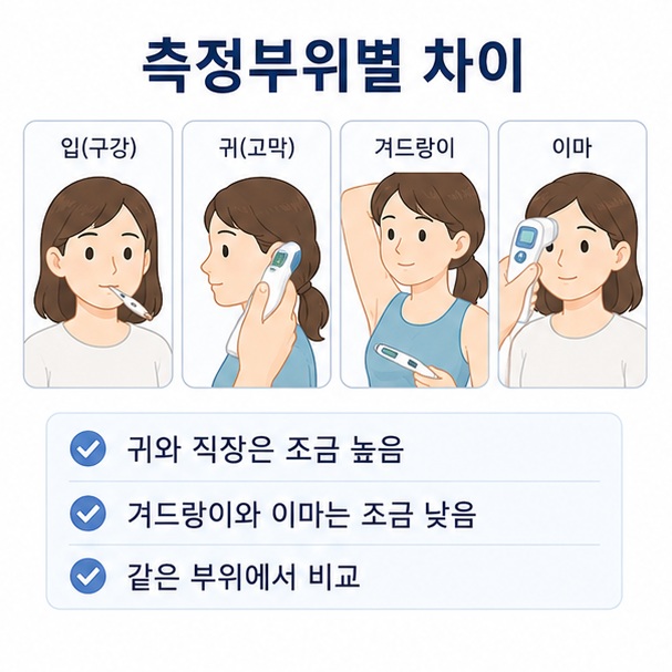 입과 귀, 겨드랑이와 이마 등 체온을 측정하는 부위에 따라 약 0.3도에서 0.6도 정도 차이가 날 수 있음을 설명한 이미지